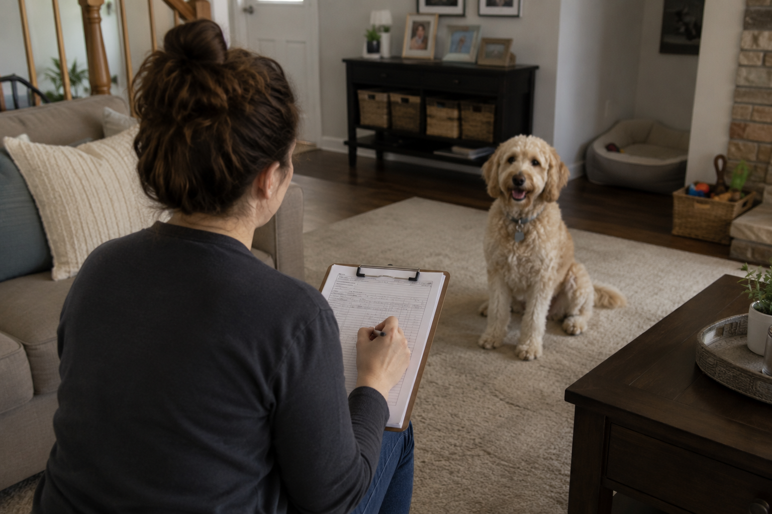 A professional assessing a dog in a home setting